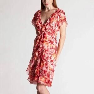 100% Silk Floral Ruffle Midi Dress Pink Orange S-8 Wedding Guest Cocktail Sunset
